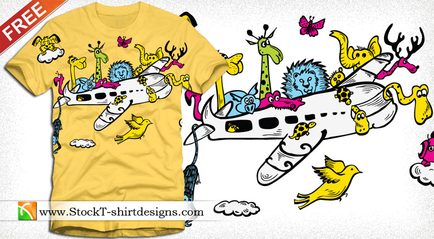 Cartoon Animals Riding Airplane with Free Vector Art T-shirt Design