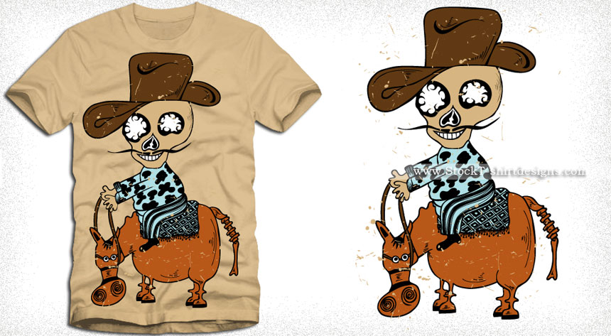 Cartoon Cowboy Skull Riding a Horse Vector T-shirt Design