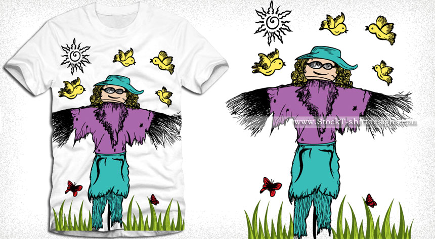 Cartoon Scarecrow with Birds Vector T-shirt Design