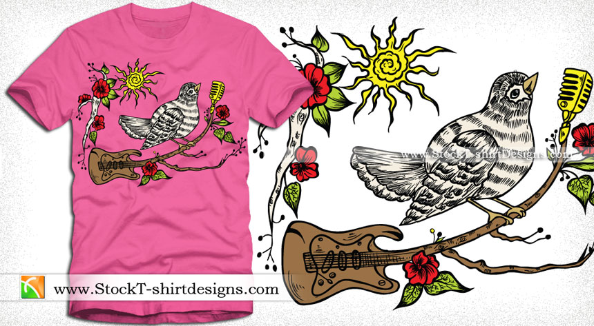 Vector Wooden Guitar with Singing Bird and Flower Tee Design