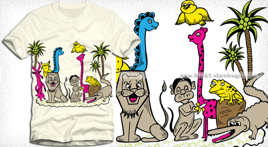 Cute Cartoon Jungle Animals Vector T-Shirt Design