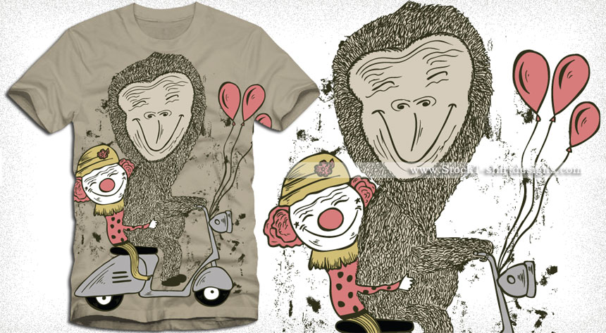 Cartoon Bear and Funny Clowns Riding Scooter Vector T-shirt Design