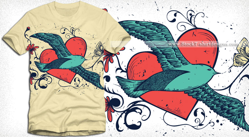 Flying Bird with Heart Vector Tee Shirt Design