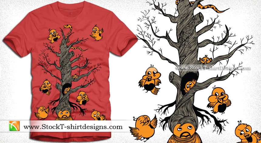 Vector T-shirt Design with Cute Bird, Cartoon Tree