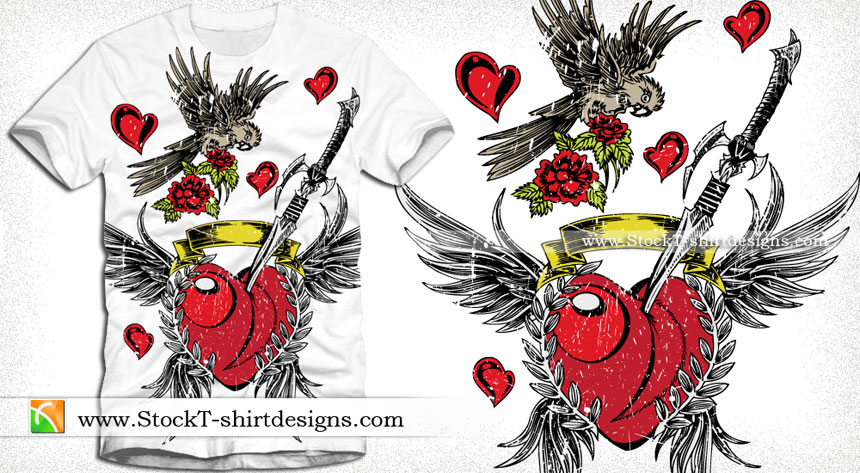 Lovely Winged Heart with Bird, Sword and Flower Vector Tee Design