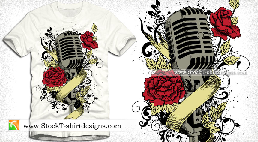 Download Music Vector T-shirt Graphics with Microphone, Flowers and ...