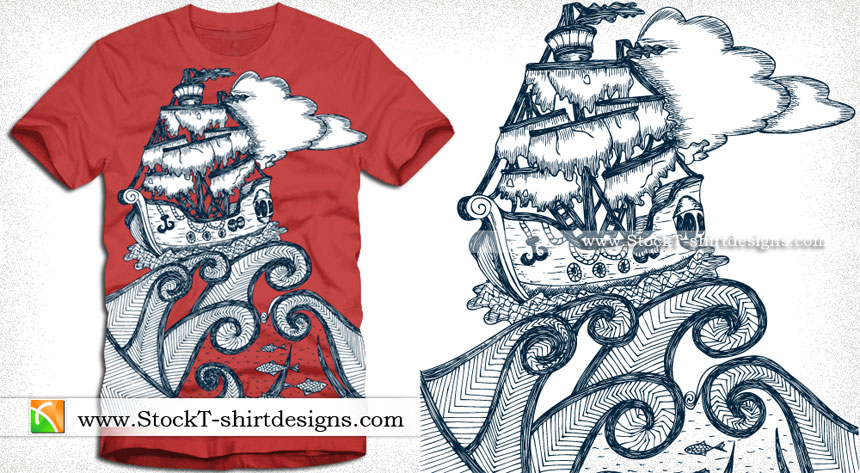 Pirate Ship Vector T-shirt Design, Vector T-Shirt Designs, Ai Eps