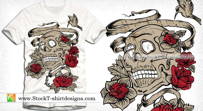 Vintage Vector Tee Design with Skull and Rose Flowers | Vector T-Shirt ...