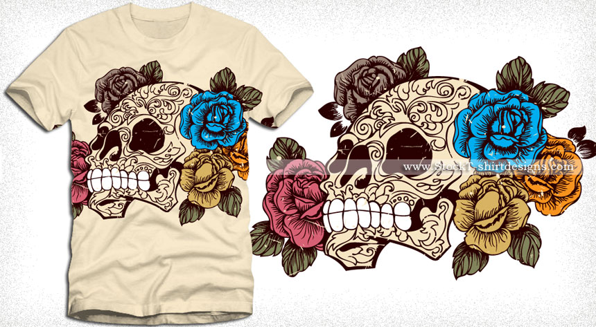 Sugar Skull with Roses T-shirt Design Vector