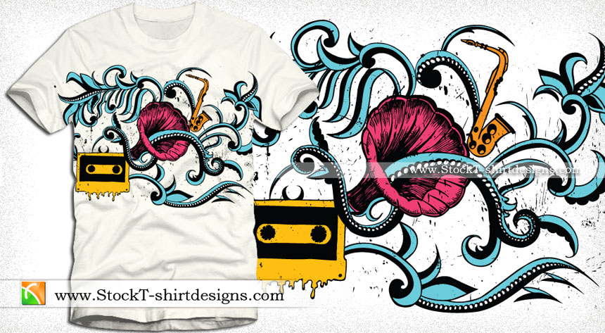 Vector T-shirt Illustration with Gramophone, Floral and Cassette