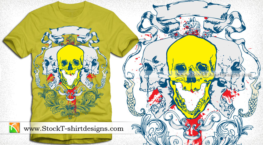 Tee Vector Design with Skull and Ribbon Scroll