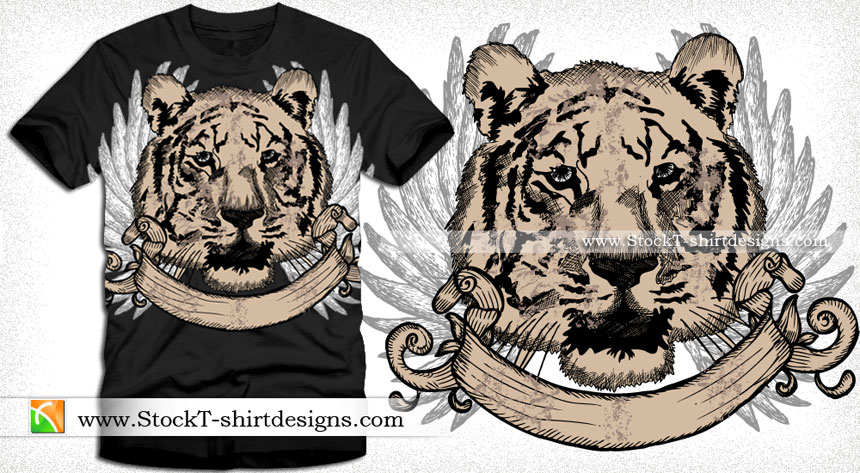 Tiger Head with Wings and Ribbon Vector T-shirt Design