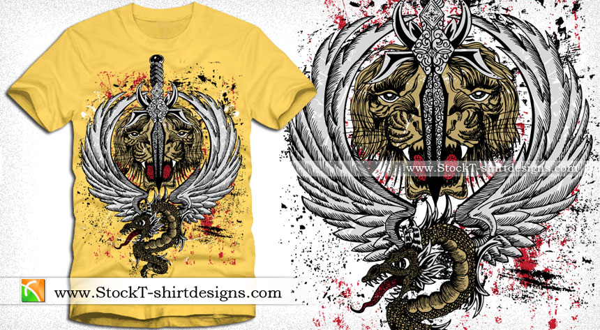 Tiger Head with Wings, Sword and Dragon Vector T-shirt Design