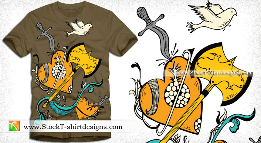 Vector T-shirt Design with Heart, Flying Bird, Knife and Axe
