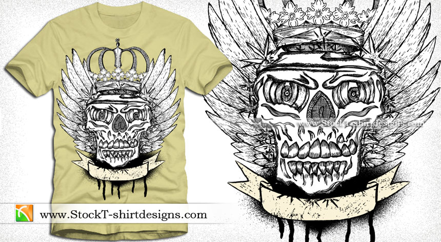 Vector Winged Skull with Crown and Banner T-shirt Illustration