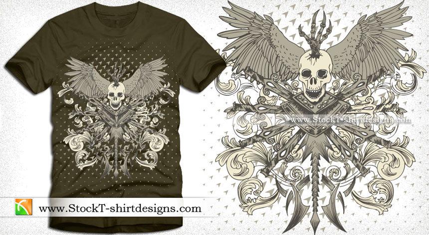 Vector Skull with Wings, Sword and Floral T-shirt Design