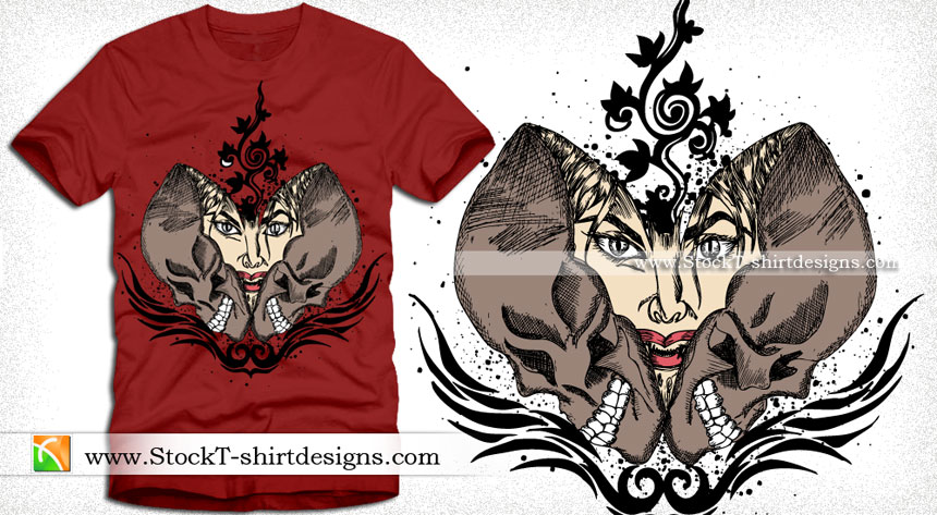 Vector Tee Graphics Design with Skull and Woman Face