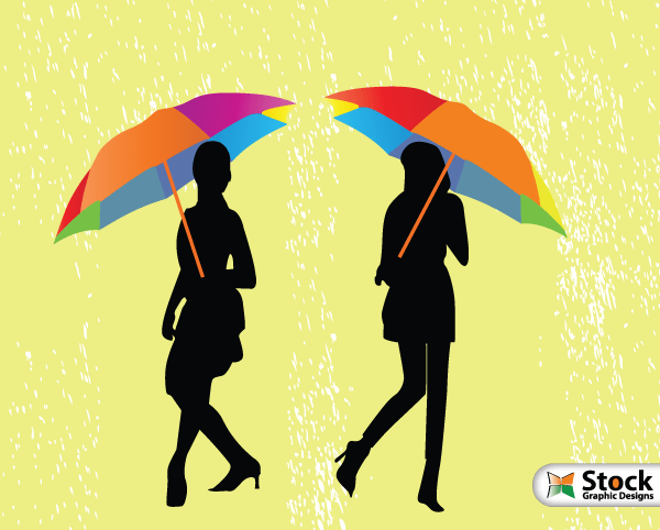 Girls with Umbrella Walking in the Rain Vector Illustration